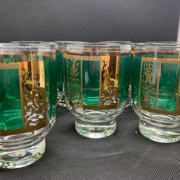 8 mid century low ball green and gold glasses with wooden glass caddy - Picture 2 of 13